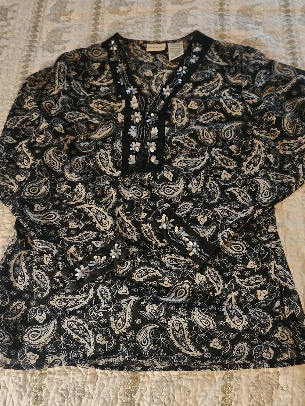 White Stag Black and Cream Paisley Beaded V-Neck Blouse